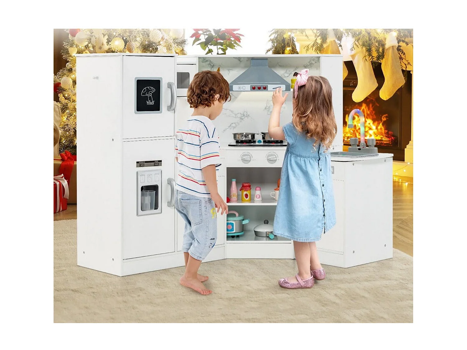 Holz Eck Kinderküche mit Licht & Sound & Tafel & Zubehör Kinderküche Spielküche Holzküche Weiß