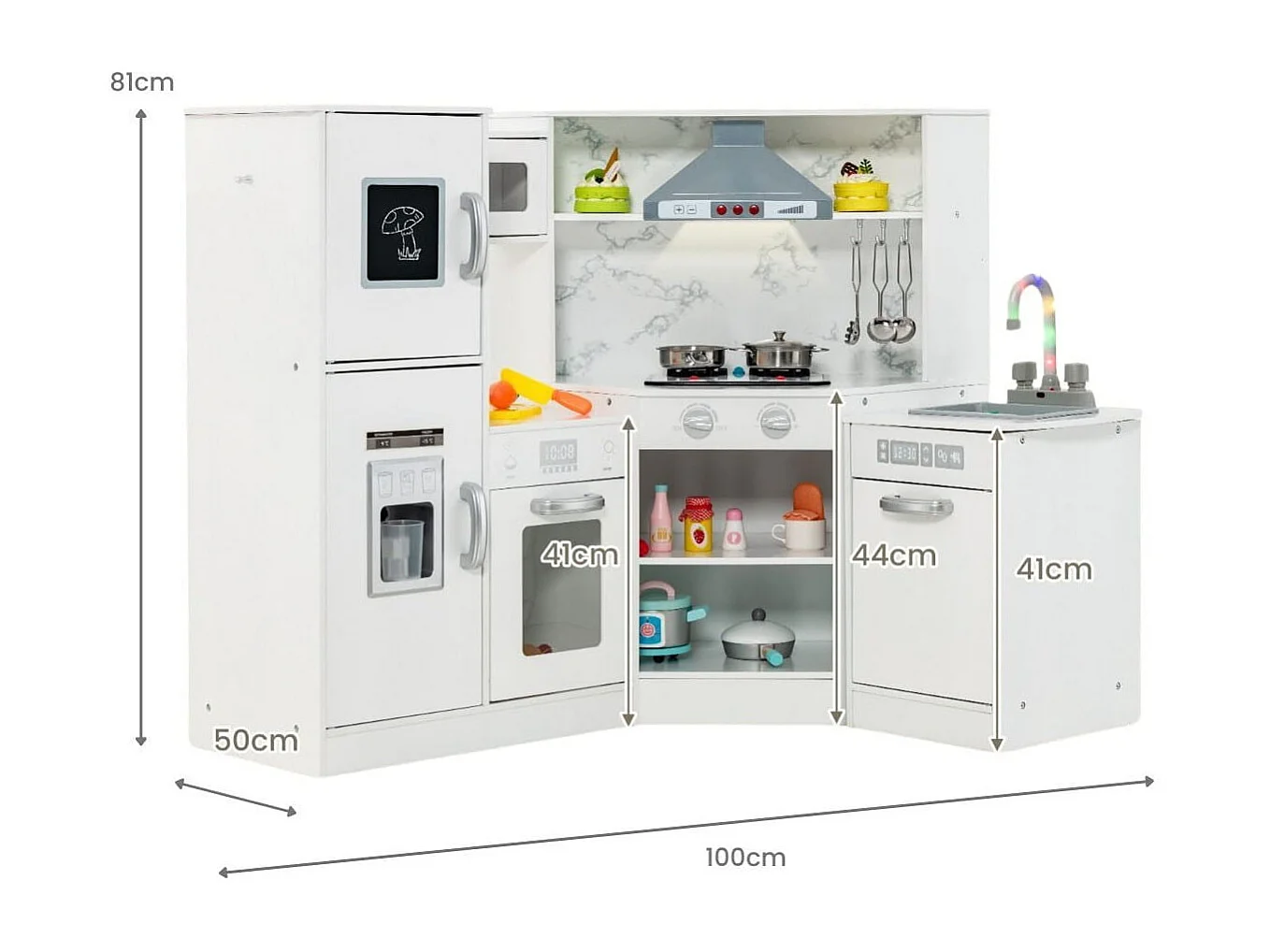 Jeu de Cuisine d'Angle en Bois Évier Séparé Sons et Lumières Micro-ondes Machine à Glaçons et Lave-vaisselle Simulés Tableau Blanc