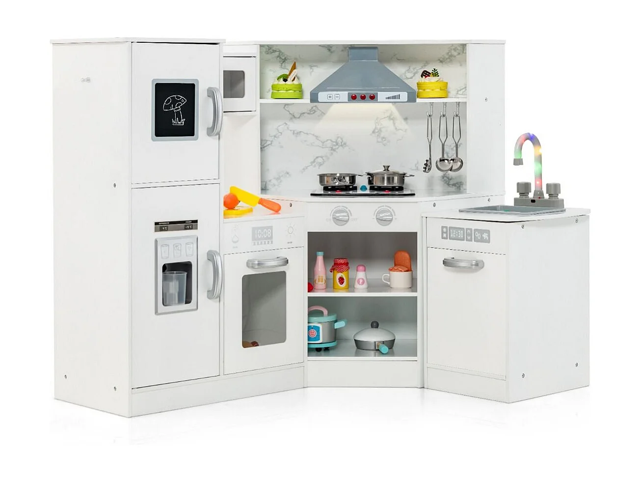 Jeu de Cuisine d'Angle en Bois Évier Séparé Sons et Lumières Micro-ondes Machine à Glaçons et Lave-vaisselle Simulés Tableau Blanc