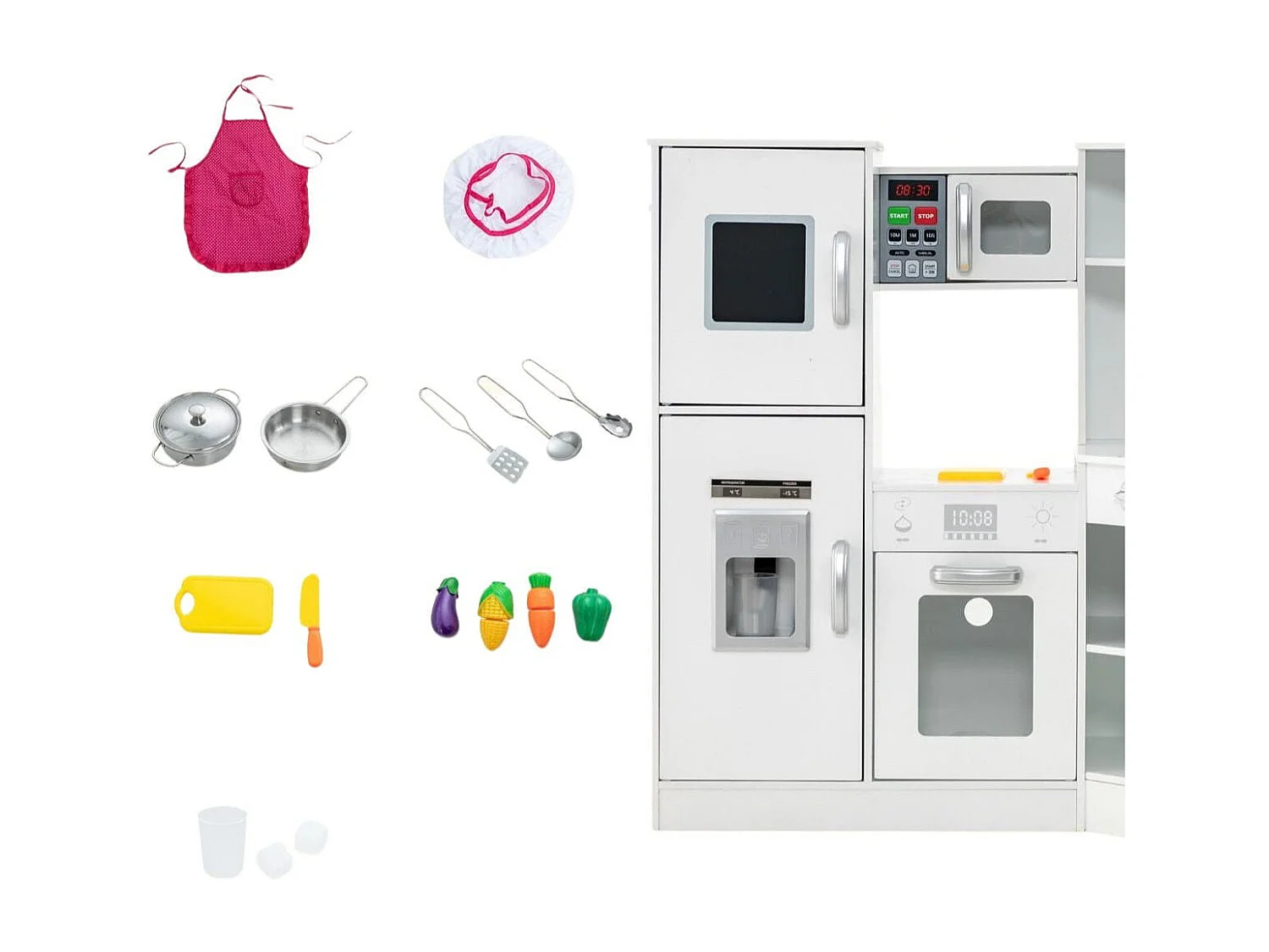 Jeu de Cuisine d'Angle en Bois Évier Séparé Sons et Lumières Micro-ondes Machine à Glaçons et Lave-vaisselle Simulés Tableau Blanc