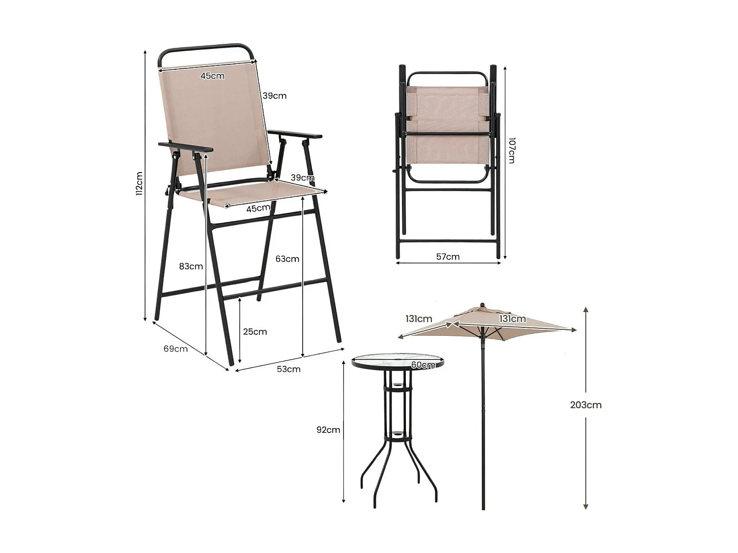 4 tlg. Outdoor Bar-Set Runder Bartisch mit 2 Klappbaren Barhockern & Sonnenschirm Beige
