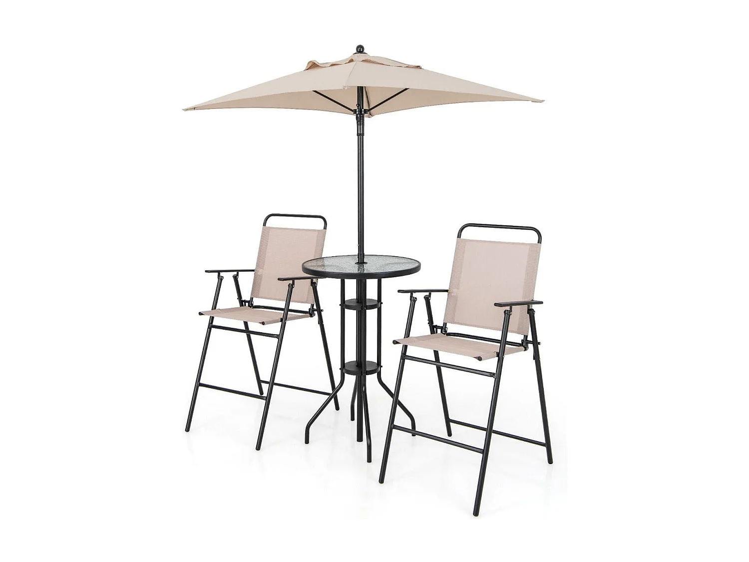 4 tlg. Outdoor Bar-Set Runder Bartisch mit 2 Klappbaren Barhockern & Sonnenschirm Beige
