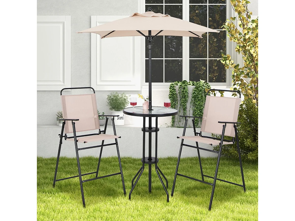 4 tlg. Outdoor Bar-Set Runder Bartisch mit 2 Klappbaren Barhockern & Sonnenschirm Beige
