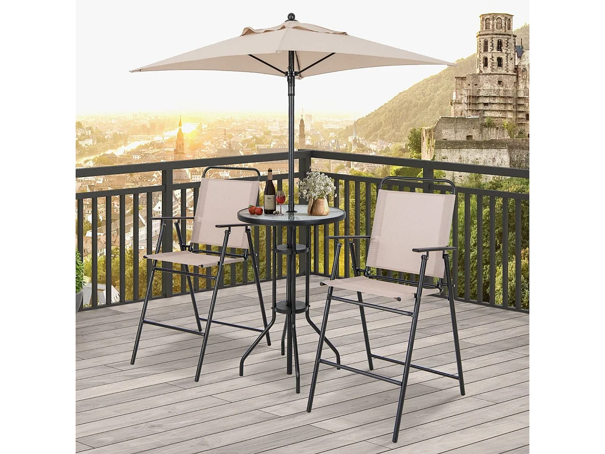 4 tlg. Outdoor Bar-Set Runder Bartisch mit 2 Klappbaren Barhockern & Sonnenschirm Beige