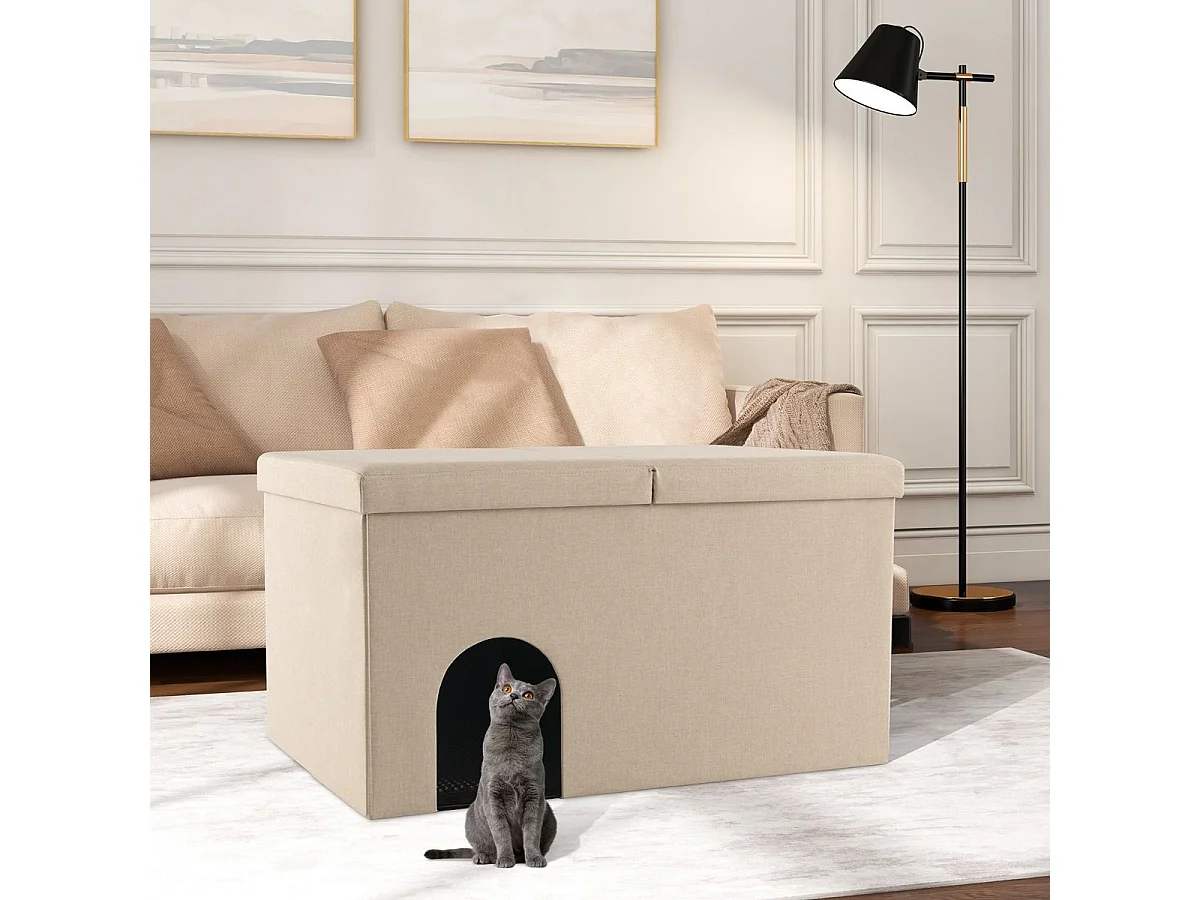 Katzenhöhle faltbar 2 in 1 Katzenhaus Sitzbank bis 200 kg Katzenversteck für Katzentoilette 90 x 50 x 50 cm Beige