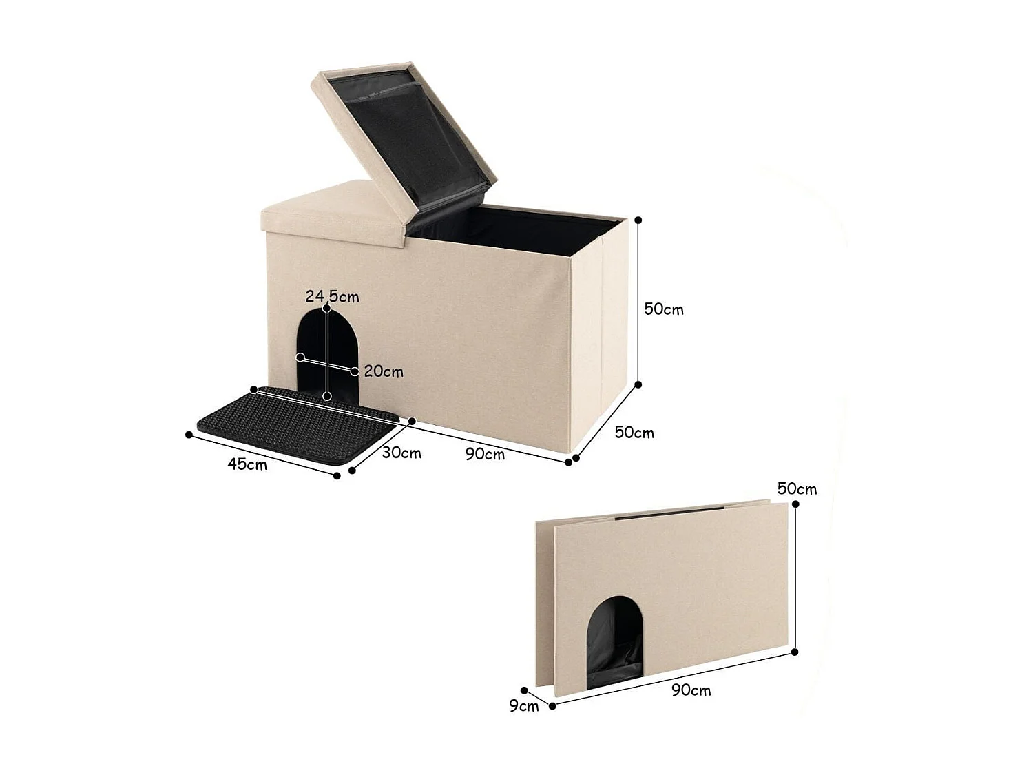 Katzenhöhle faltbar 2 in 1 Katzenhaus Sitzbank bis 200 kg Katzenversteck für Katzentoilette 90 x 50 x 50 cm Beige