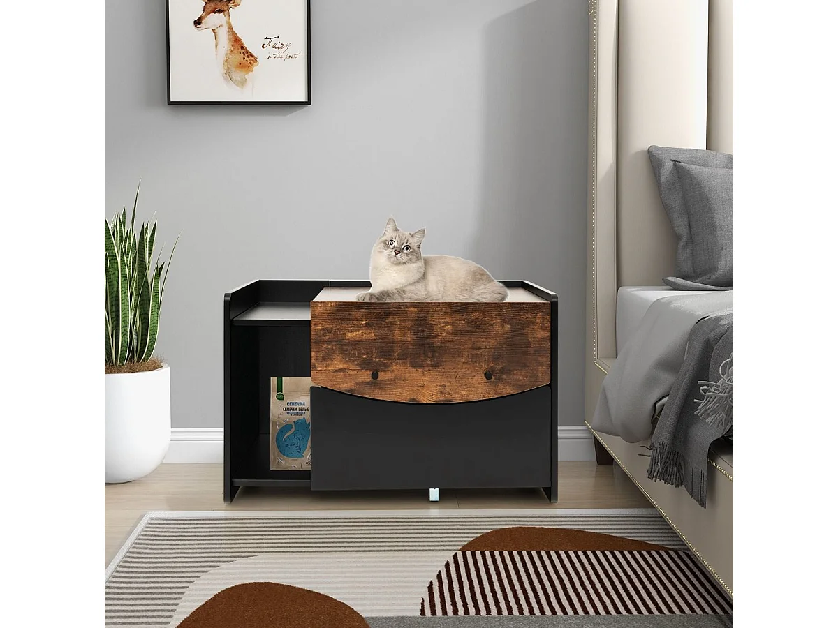 Katzenschrank für Katzentoilette Katzenhaus mit ausziehbarer Schublade & Eingang & Haken & Klapptür 78 x 50 x 51,5 cm