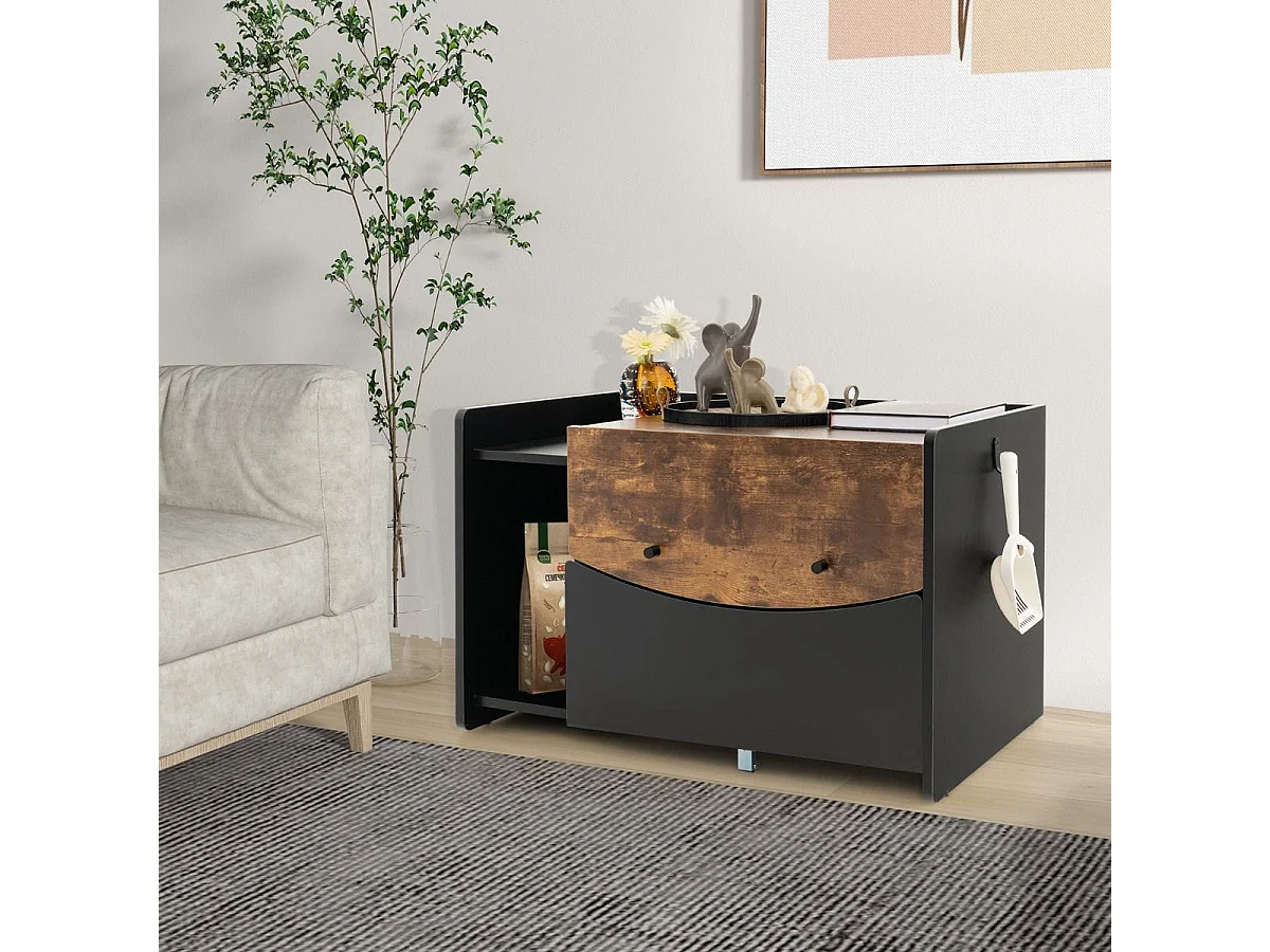 Katzenschrank für Katzentoilette Katzenhaus mit ausziehbarer Schublade & Eingang & Haken & Klapptür 78 x 50 x 51,5 cm