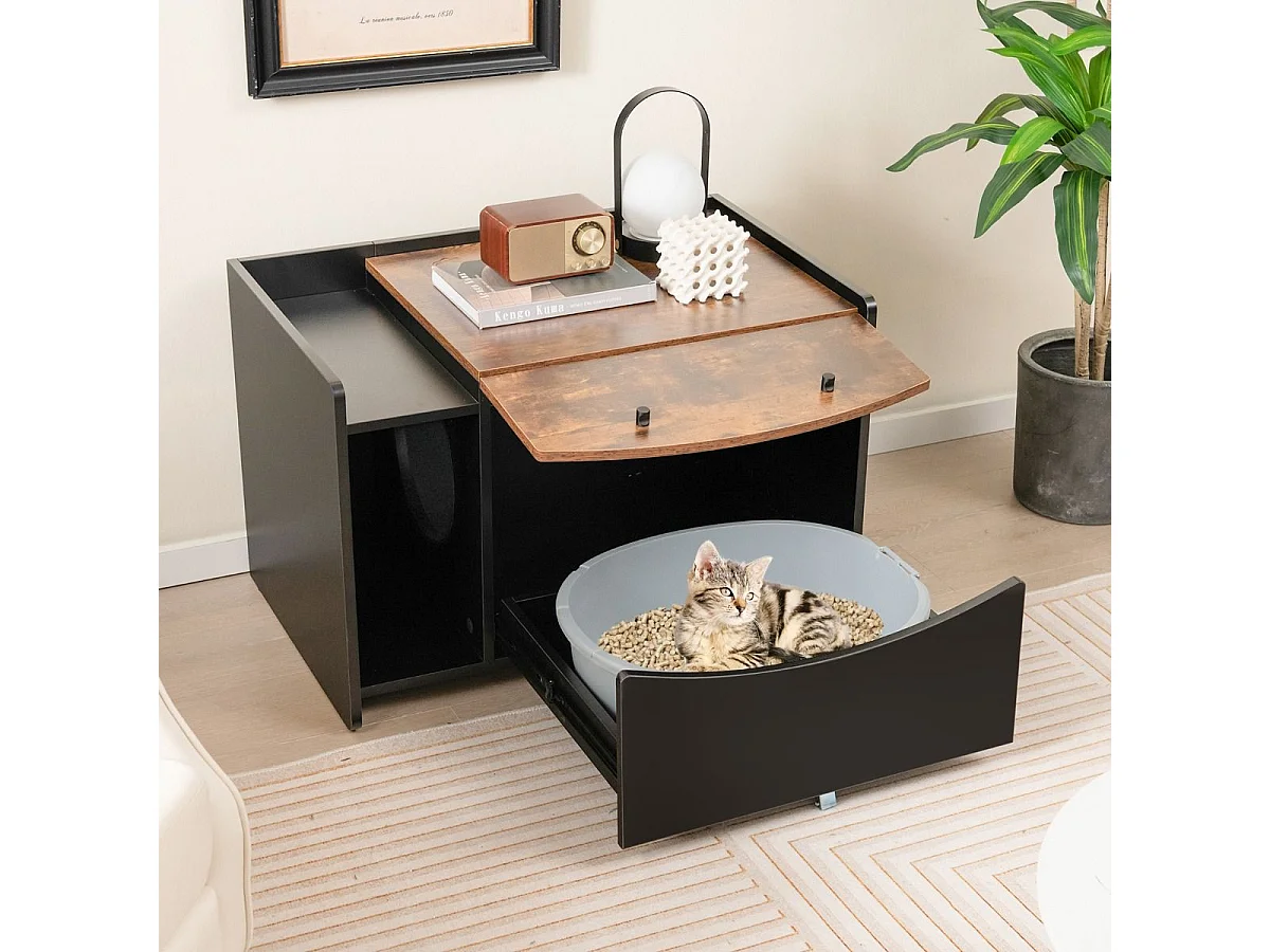 Katzenschrank für Katzentoilette Katzenhaus mit ausziehbarer Schublade & Eingang & Haken & Klapptür 78 x 50 x 51,5 cm