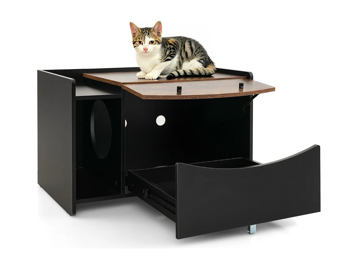 Katzenschrank für Katzentoilette Katzenhaus mit ausziehbarer Schublade & Eingang & Haken & Klapptür 78 x 50 x 51,5 cm