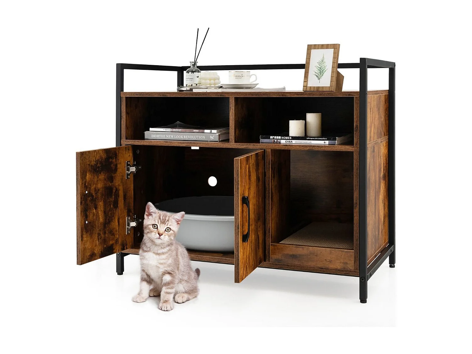 Haustierkiste Katzenschrank mit Doppeltüren & Kratzunterlage 89 x 45 x 74,5 cm Kaffee