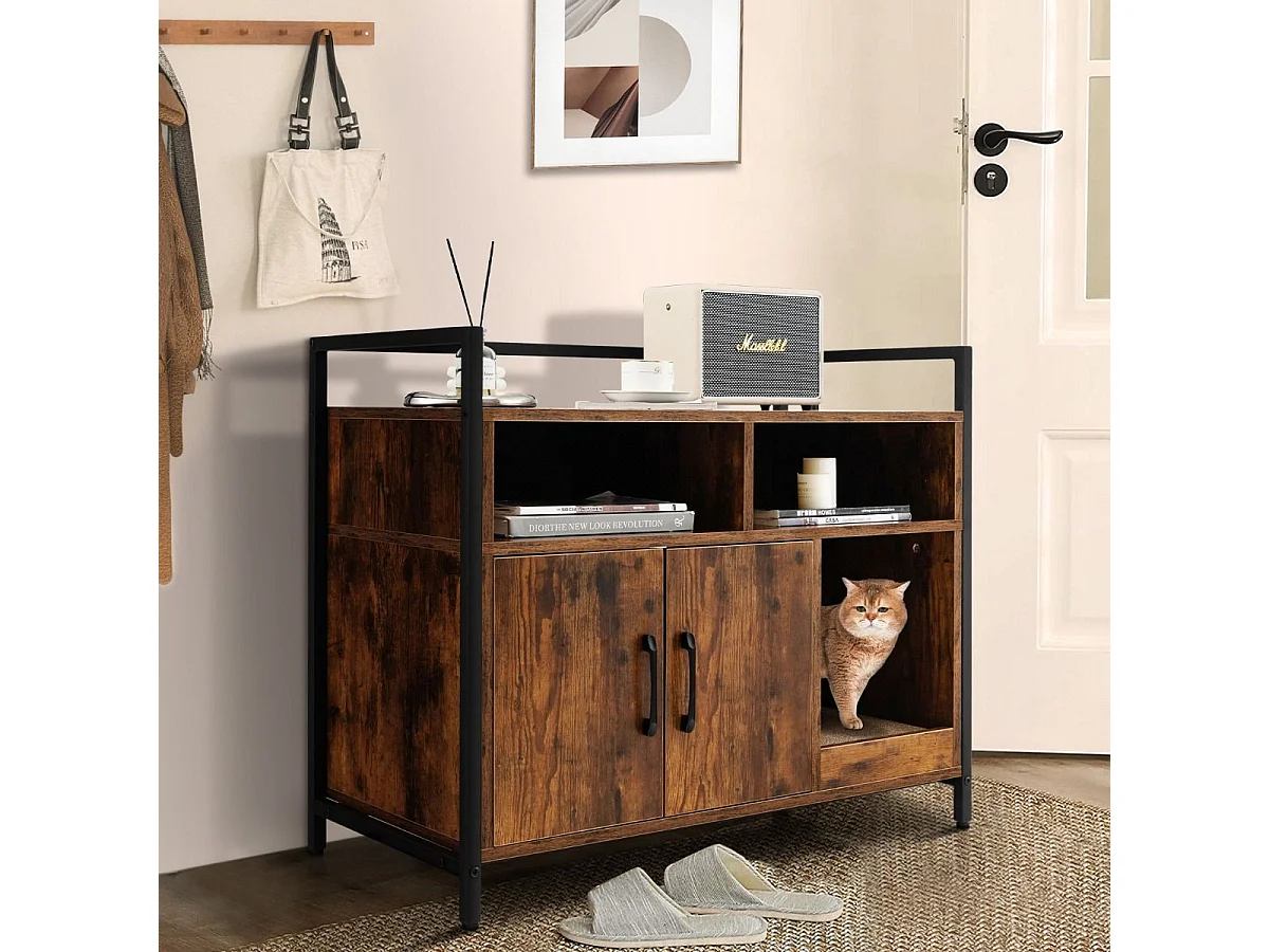 Haustierkiste Katzenschrank mit Doppeltüren & Kratzunterlage 89 x 45 x 74,5 cm Kaffee