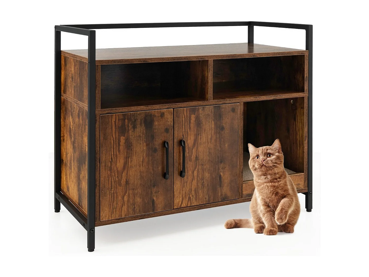 Haustierkiste Katzenschrank mit Doppeltüren & Kratzunterlage 89 x 45 x 74,5 cm Kaffee