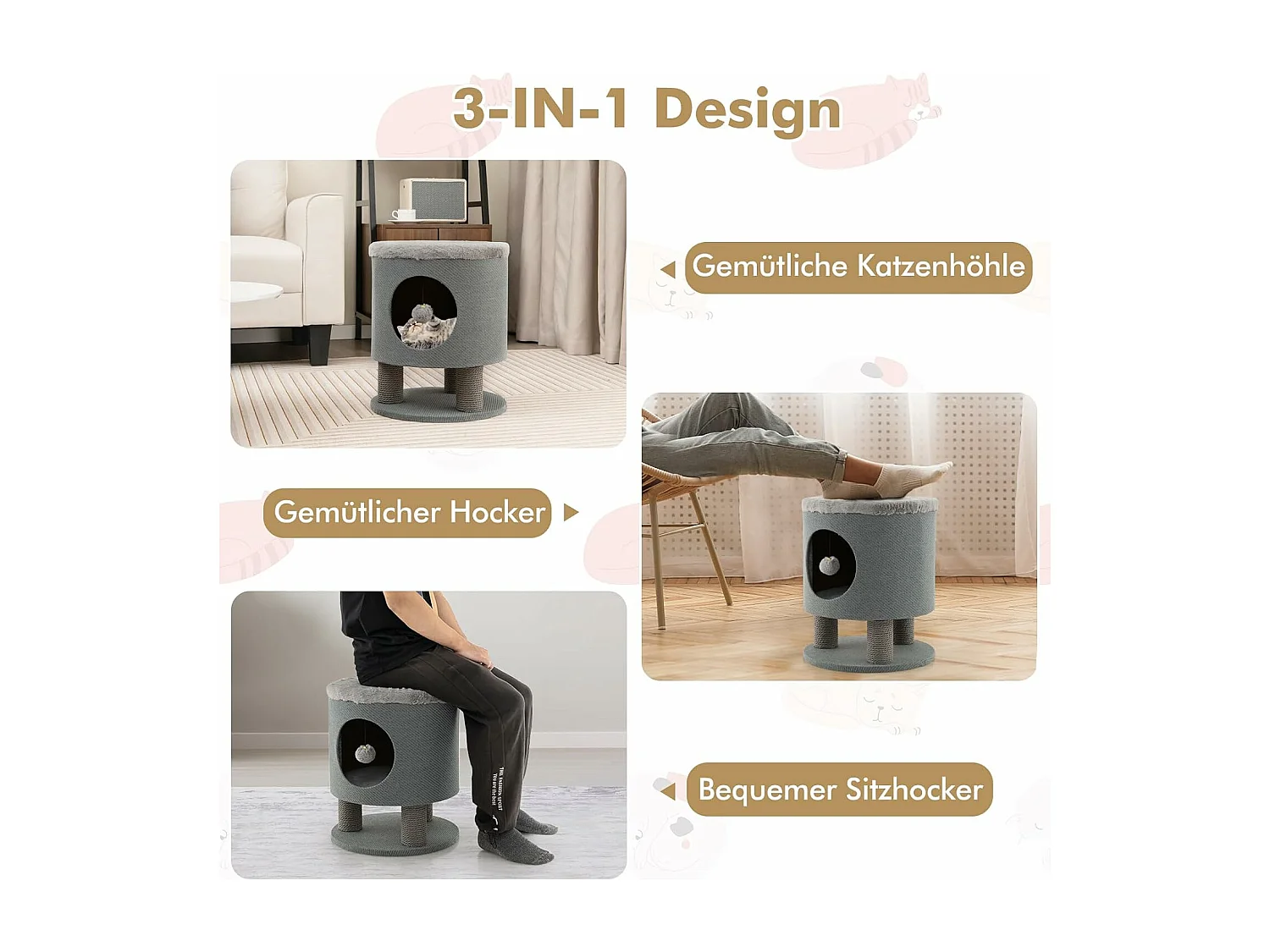 Katzenhocker mit Katzenhöhle 20x19cm, Katzenhaus Kratzbaum Kletterbaum Katzenkratzbaum 40 x 40 x 47 cm (Grau) BH32210