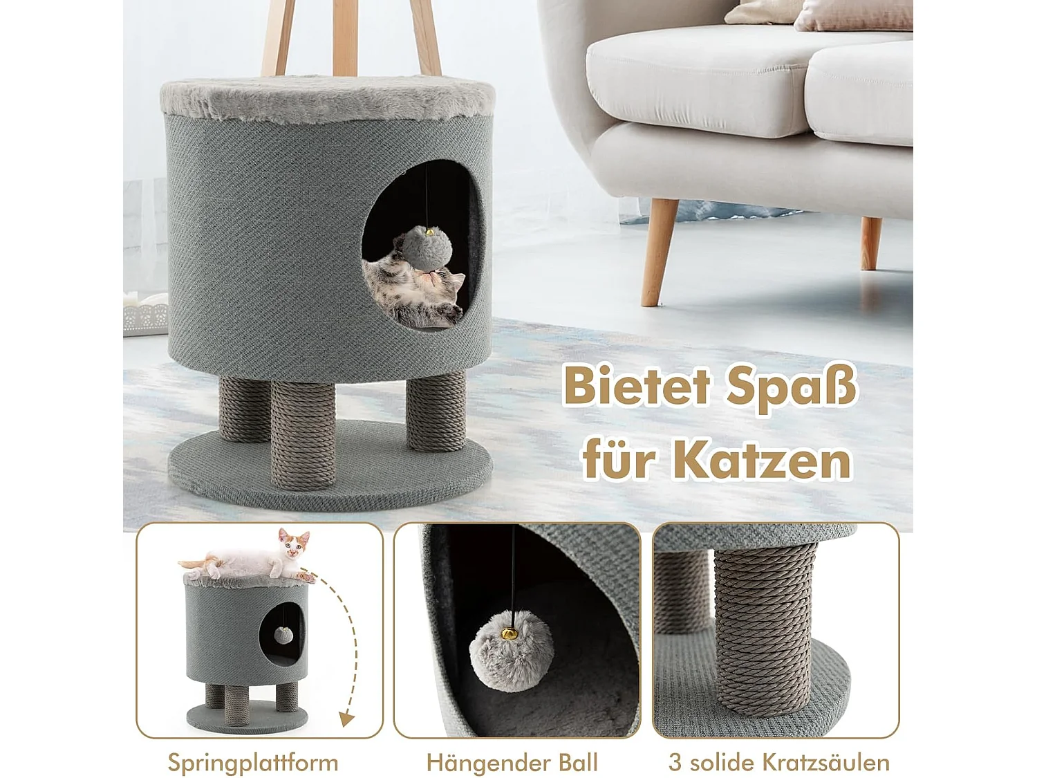 Katzenhocker mit Katzenhöhle 20x19cm, Katzenhaus Kratzbaum Kletterbaum Katzenkratzbaum 40 x 40 x 47 cm (Grau) BH32210