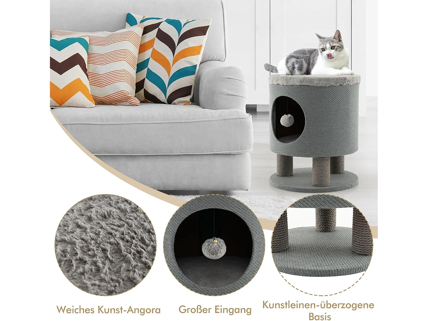 Katzenhocker mit Katzenhöhle 20x19cm, Katzenhaus Kratzbaum Kletterbaum Katzenkratzbaum 40 x 40 x 47 cm (Grau) BH32210