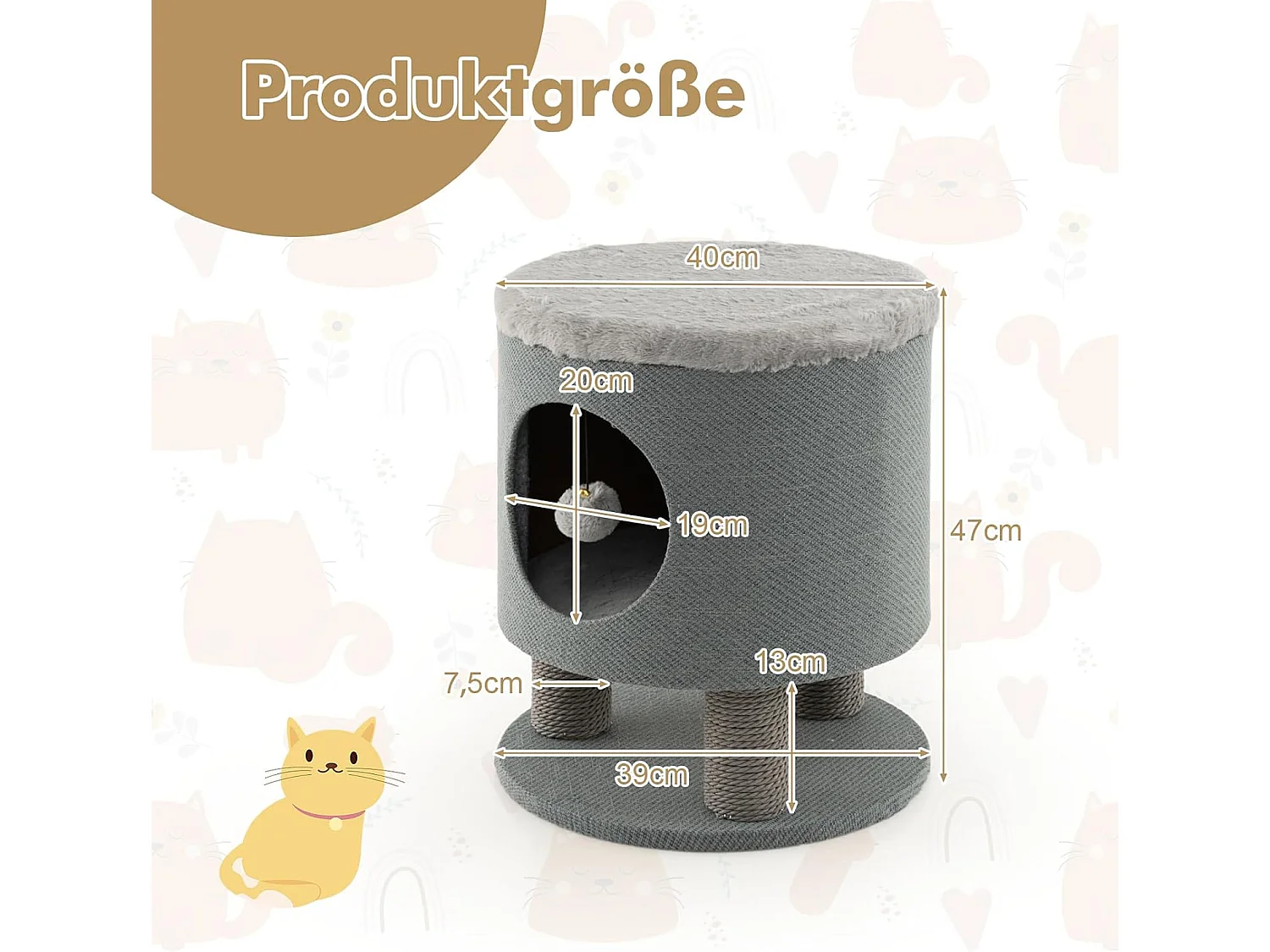 Katzenhocker mit Katzenhöhle 20x19cm, Katzenhaus Kratzbaum Kletterbaum Katzenkratzbaum 40 x 40 x 47 cm (Grau) BH32210