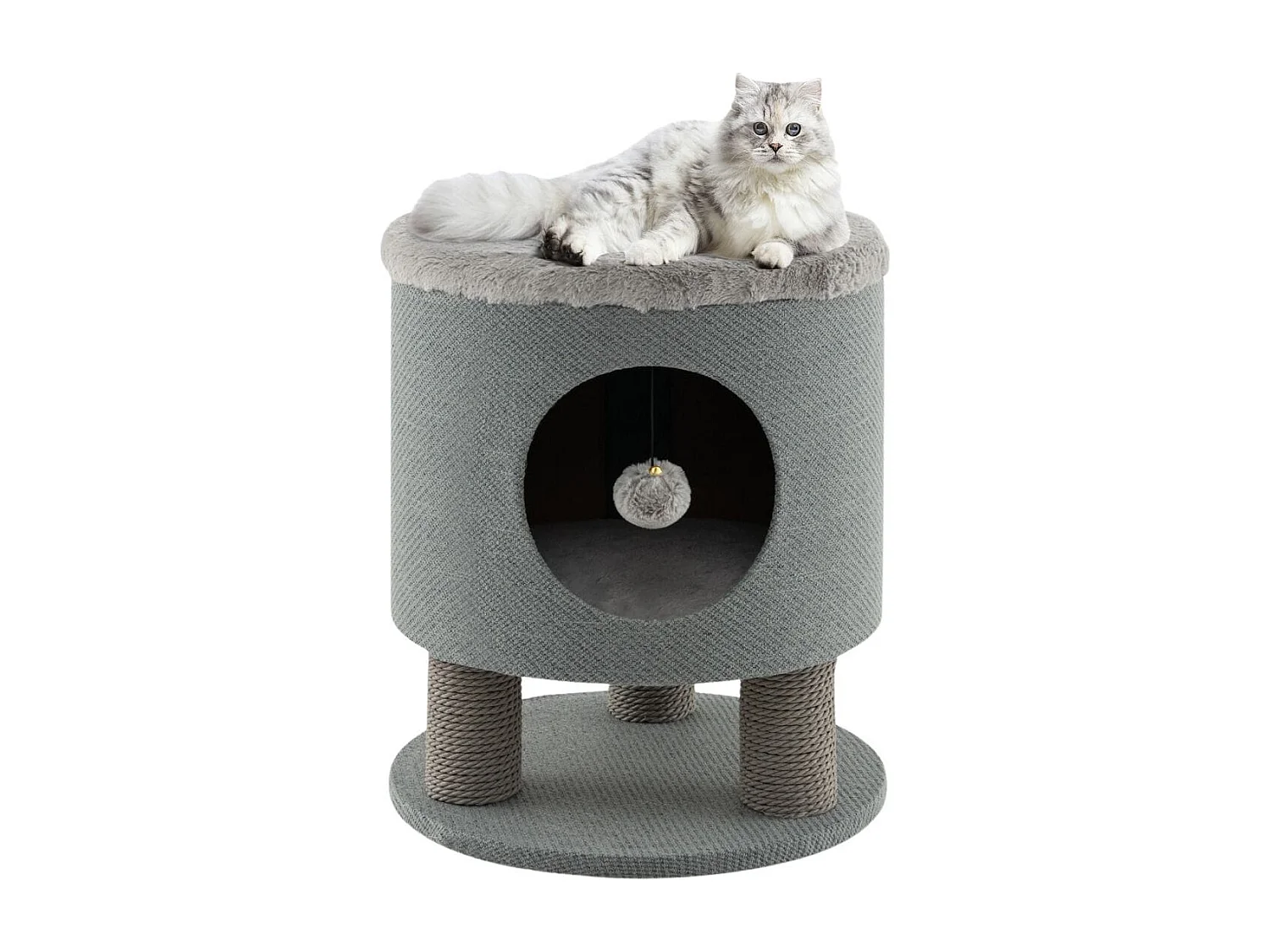 Klein Kratzbaum mit Weicher Sitzfläche & 3 Sisal-Kratzsäulen & Ball Hocker 40 x 40 x 47 cm Grau