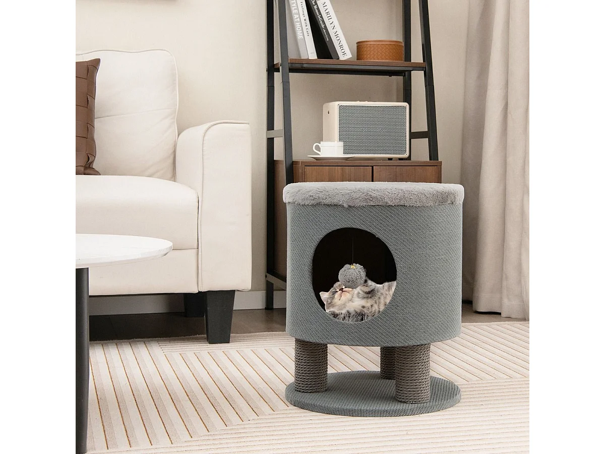 Klein Kratzbaum mit Weicher Sitzfläche & 3 Sisal-Kratzsäulen & Ball Hocker 40 x 40 x 47 cm Grau