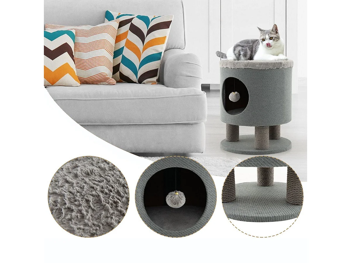 Klein Kratzbaum mit Weicher Sitzfläche & 3 Sisal-Kratzsäulen & Ball Hocker 40 x 40 x 47 cm Grau