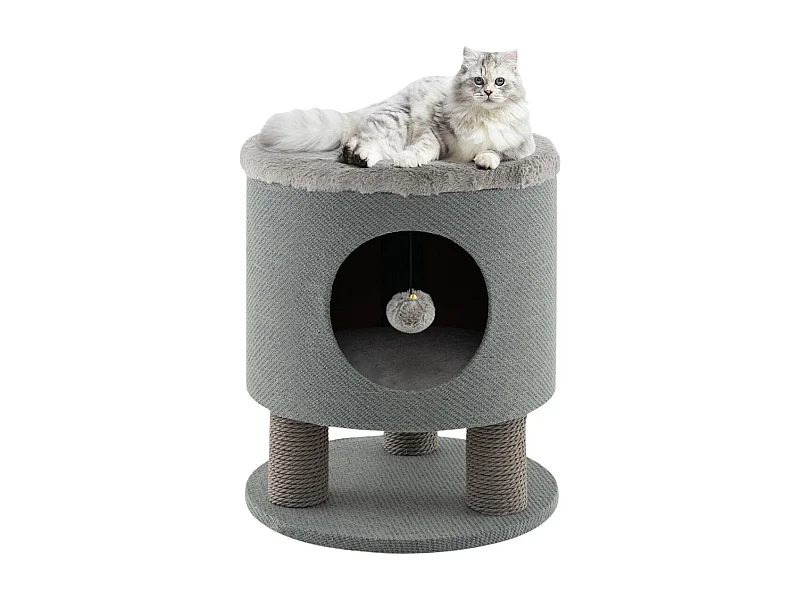 Klein Kratzbaum mit Weicher Sitzfläche & 3 Sisal-Kratzsäulen & Ball Hocker 40 x 40 x 47 cm Grau