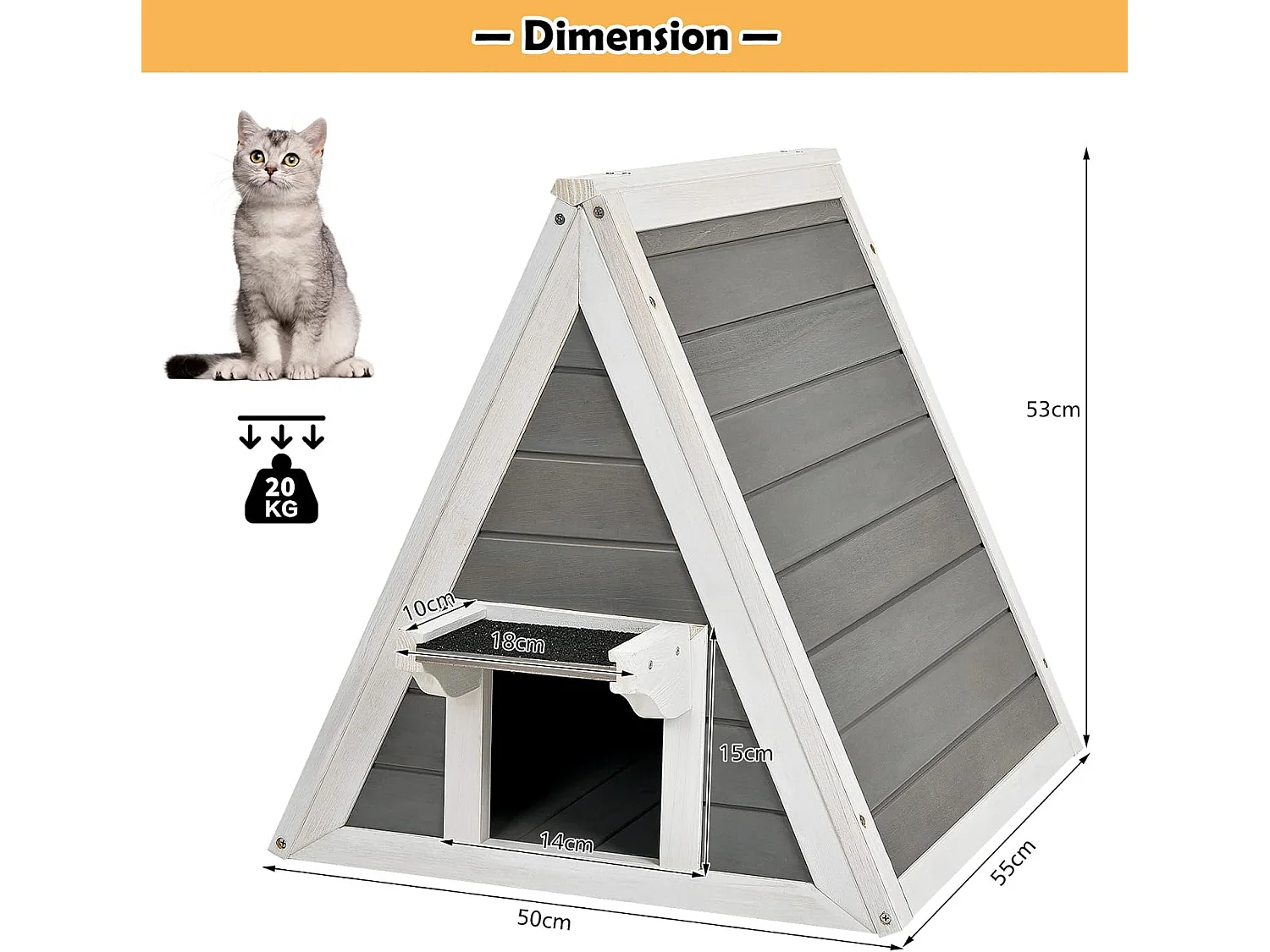Hölzernes Katzenhaus bis 20kg, Katzenhütte Holz, Katzenhöhle Outdoor Winterfest, Haustierhütte wetterfest für draußen und drinnen 50x55x53cm