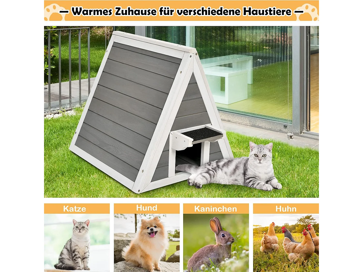 Hölzernes Katzenhaus bis 20kg, Katzenhütte Holz, Katzenhöhle Outdoor Winterfest, Haustierhütte wetterfest für draußen und drinnen 50x55x53cm