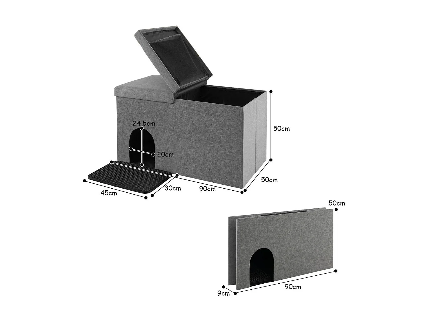 Katzenhöhle faltbar 2 in 1 Katzenhaus Sitzbank bis 200 kg Katzenversteck für Katzentoilette 90 x 50 x 50 cm Grau