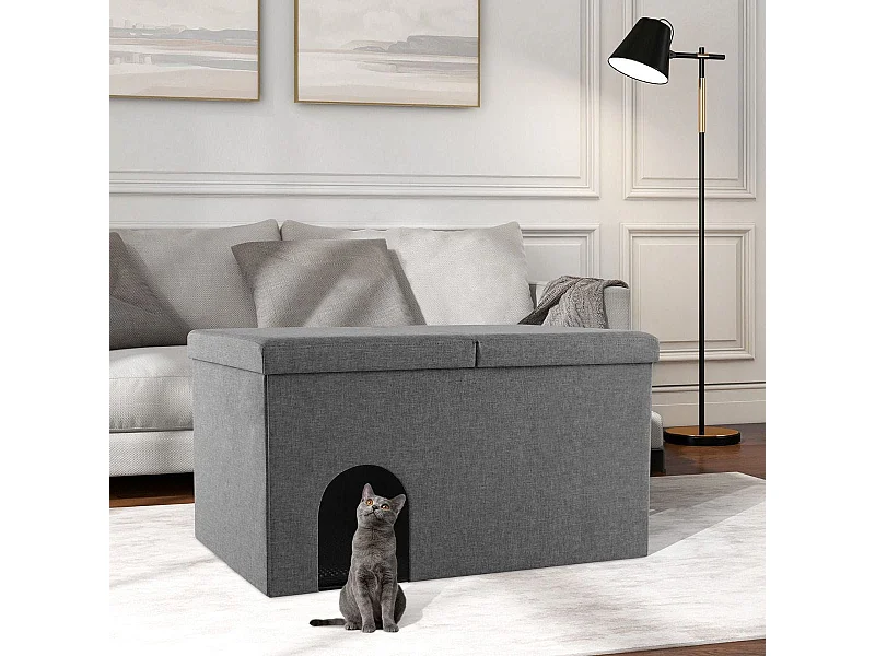 Katzenhöhle faltbar 2 in 1 Katzenhaus Sitzbank bis 200 kg Katzenversteck für Katzentoilette 90 x 50 x 50 cm Grau