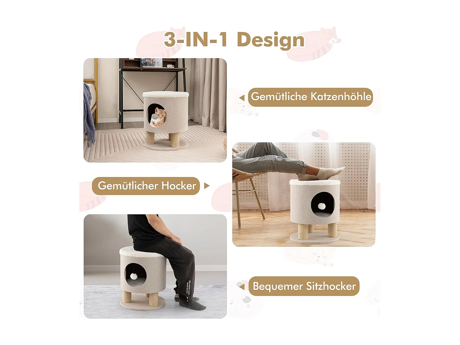 Klein Kratzbaum mit Weicher Sitzfläche & 3 Sisal-Kratzsäulen & Ball Hocker 40 x 40 x 47 cm Beige