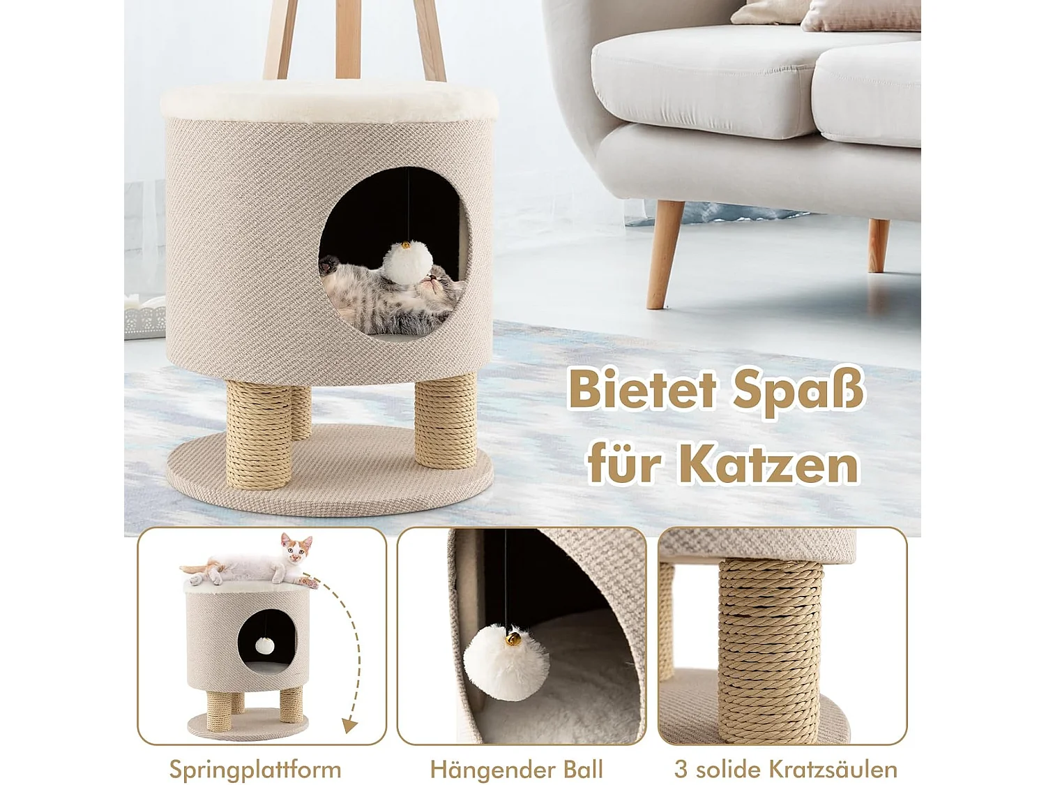 Klein Kratzbaum mit Weicher Sitzfläche & 3 Sisal-Kratzsäulen & Ball Hocker 40 x 40 x 47 cm Beige