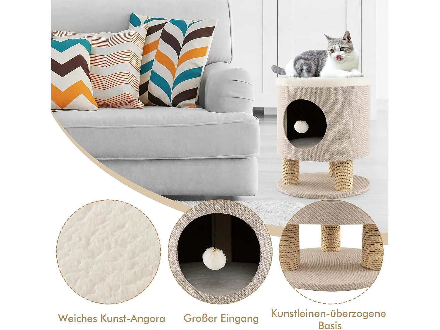 Klein Kratzbaum mit Weicher Sitzfläche & 3 Sisal-Kratzsäulen & Ball Hocker 40 x 40 x 47 cm Beige