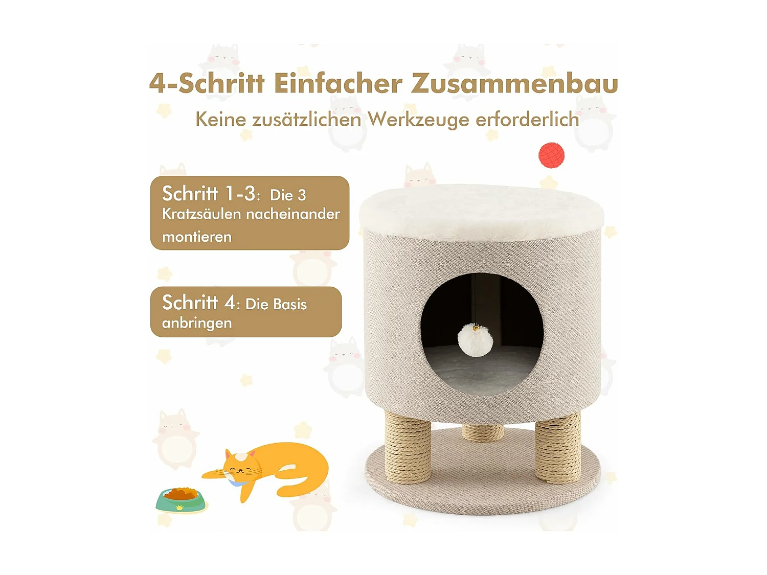 Klein Kratzbaum mit Weicher Sitzfläche & 3 Sisal-Kratzsäulen & Ball Hocker 40 x 40 x 47 cm Beige