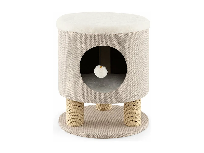 Klein Kratzbaum mit Weicher Sitzfläche & 3 Sisal-Kratzsäulen & Ball Hocker 40 x 40 x 47 cm Beige