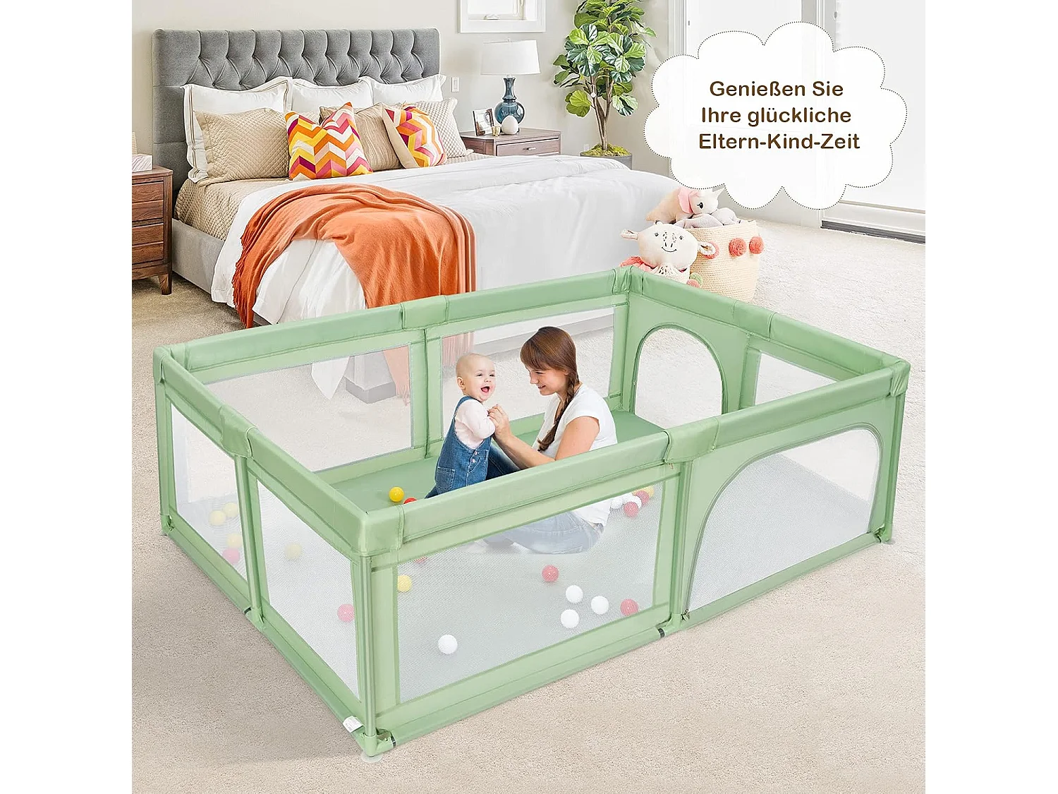 Baby-Laufstall, Spielgitter für Kleinkinder mit Seitentasche & 50 Spielbällen, 206×147×68,5 cm Grün NN7086