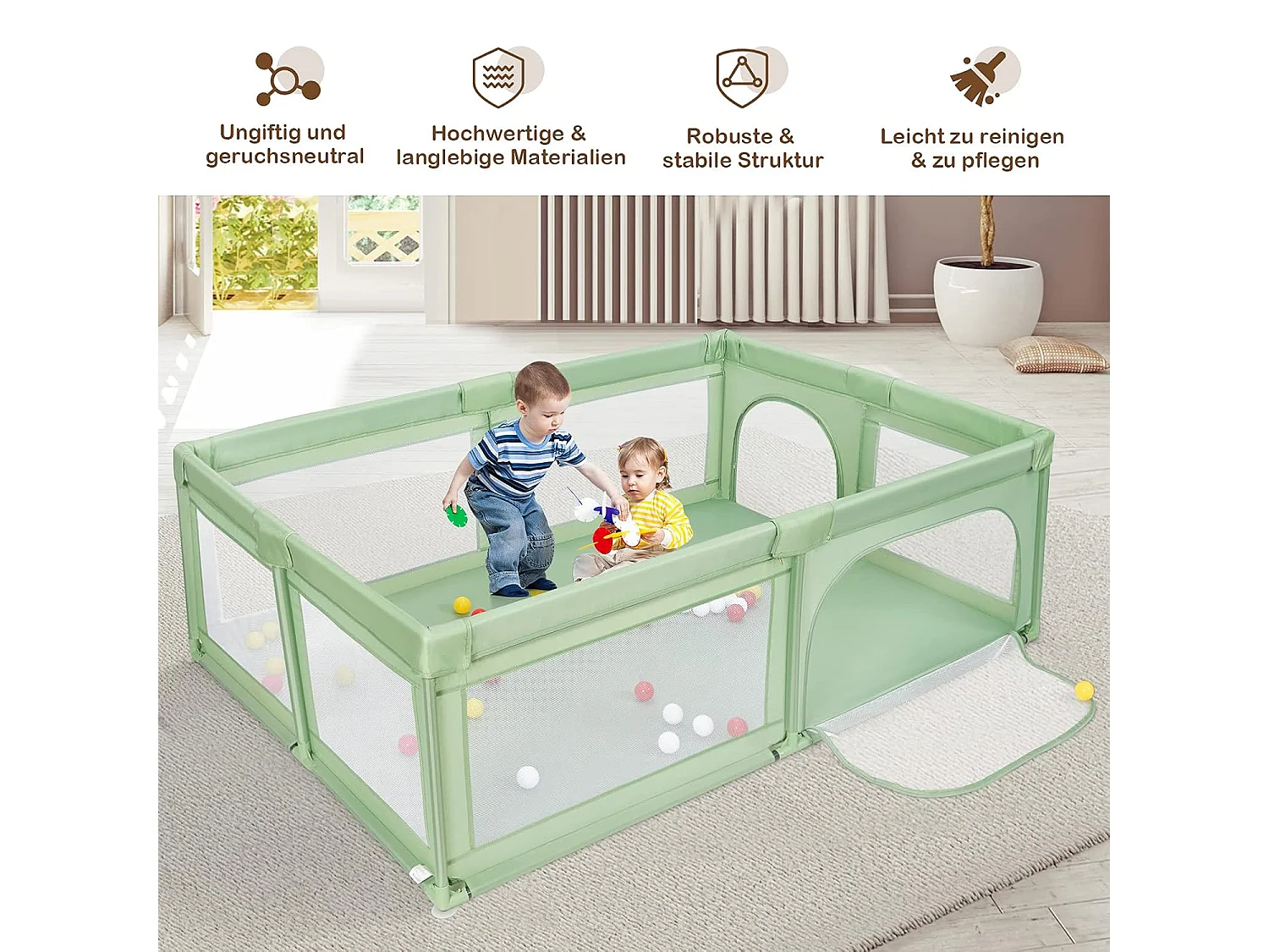 Baby-Laufstall, Spielgitter für Kleinkinder mit Seitentasche & 50 Spielbällen, 206×147×68,5 cm Grün NN7086