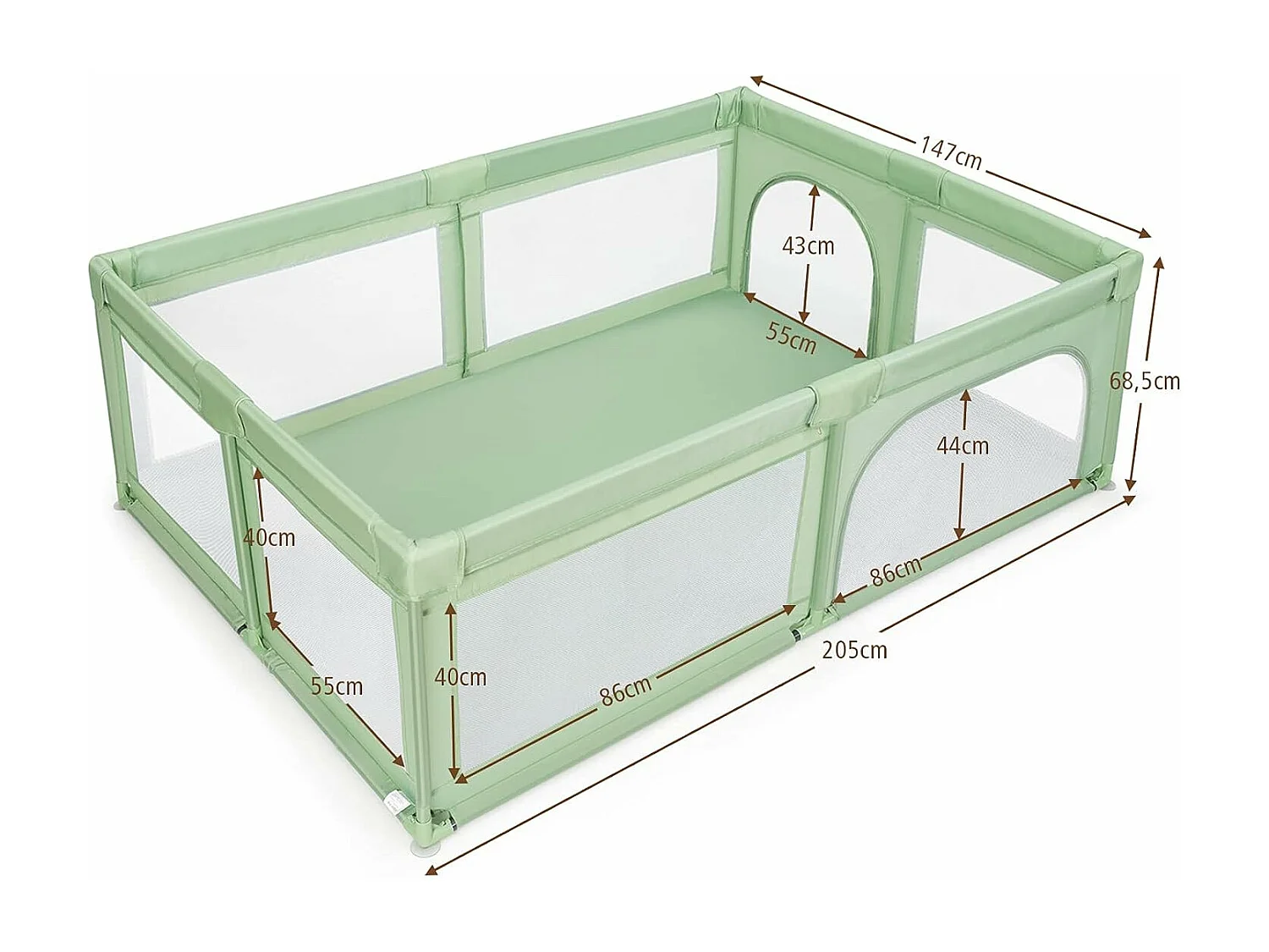 Baby-Laufstall, Spielgitter für Kleinkinder mit Seitentasche & 50 Spielbällen, 206×147×68,5 cm Grün NN7086