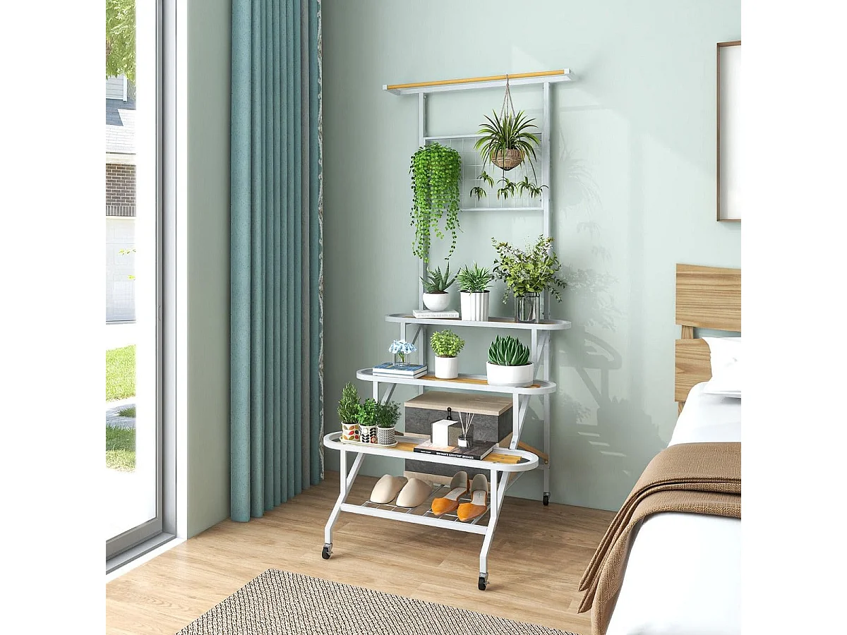 Pflanzenständer mit Rankgitter Metall Blumentreppe auf Rollen Mehrzweckregal 80 x 85 x 175 cm Weiß