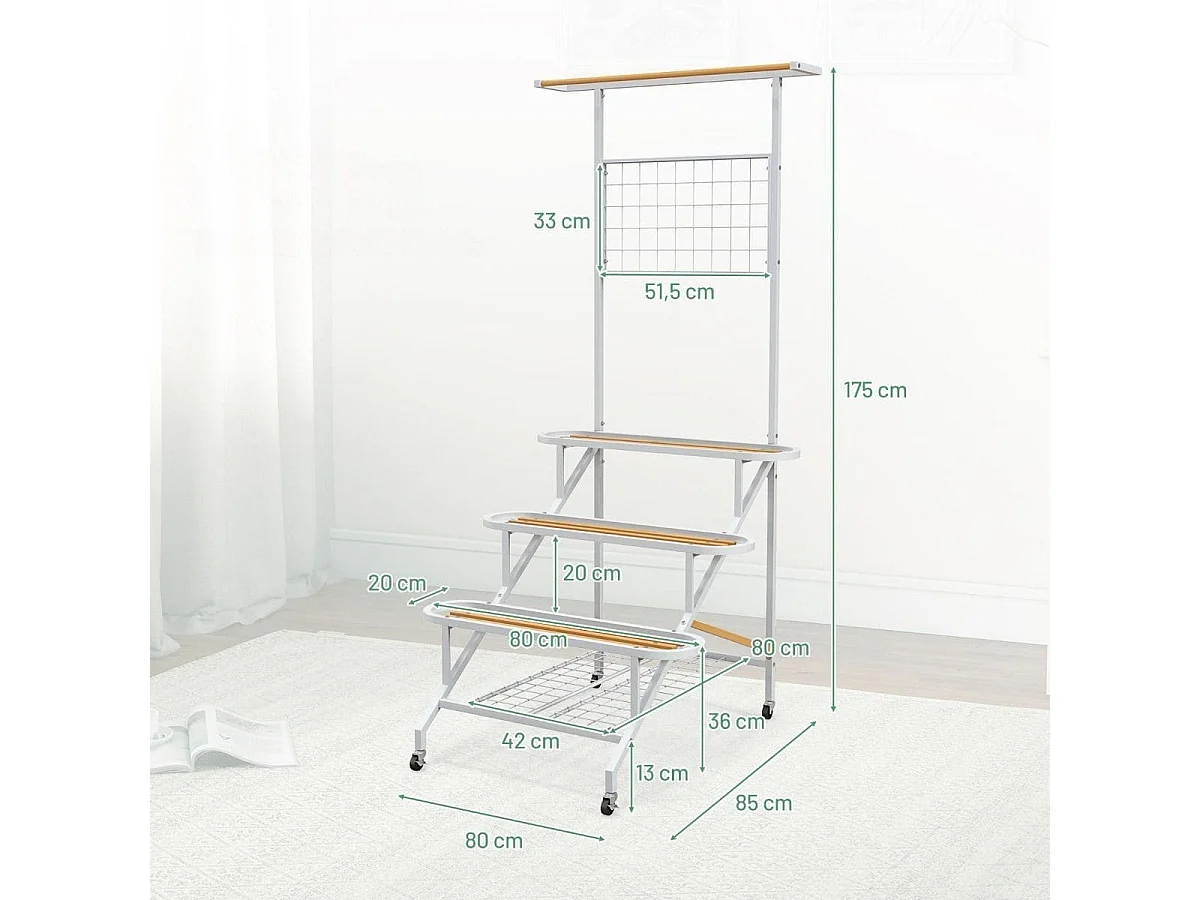 Pflanzenständer mit Rankgitter Metall Blumentreppe auf Rollen Mehrzweckregal 80 x 85 x 175 cm Weiß