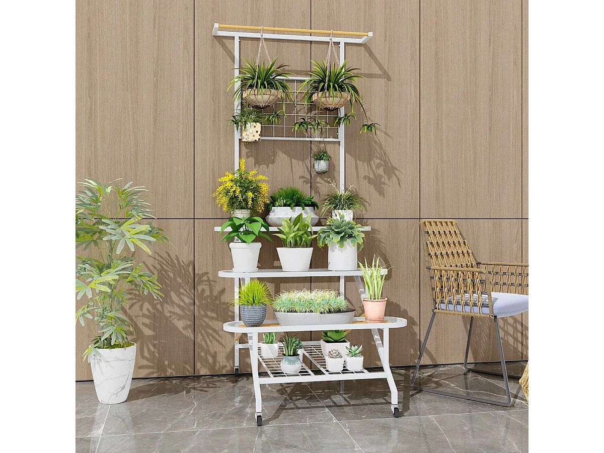 Pflanzenständer mit Rankgitter Metall Blumentreppe auf Rollen Mehrzweckregal 80 x 85 x 175 cm Weiß