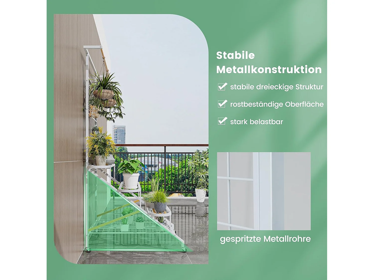 Pflanzenständer mit Rankgitter Metall Blumentreppe auf Rollen Mehrzweckregal 80 x 85 x 175 cm Weiß