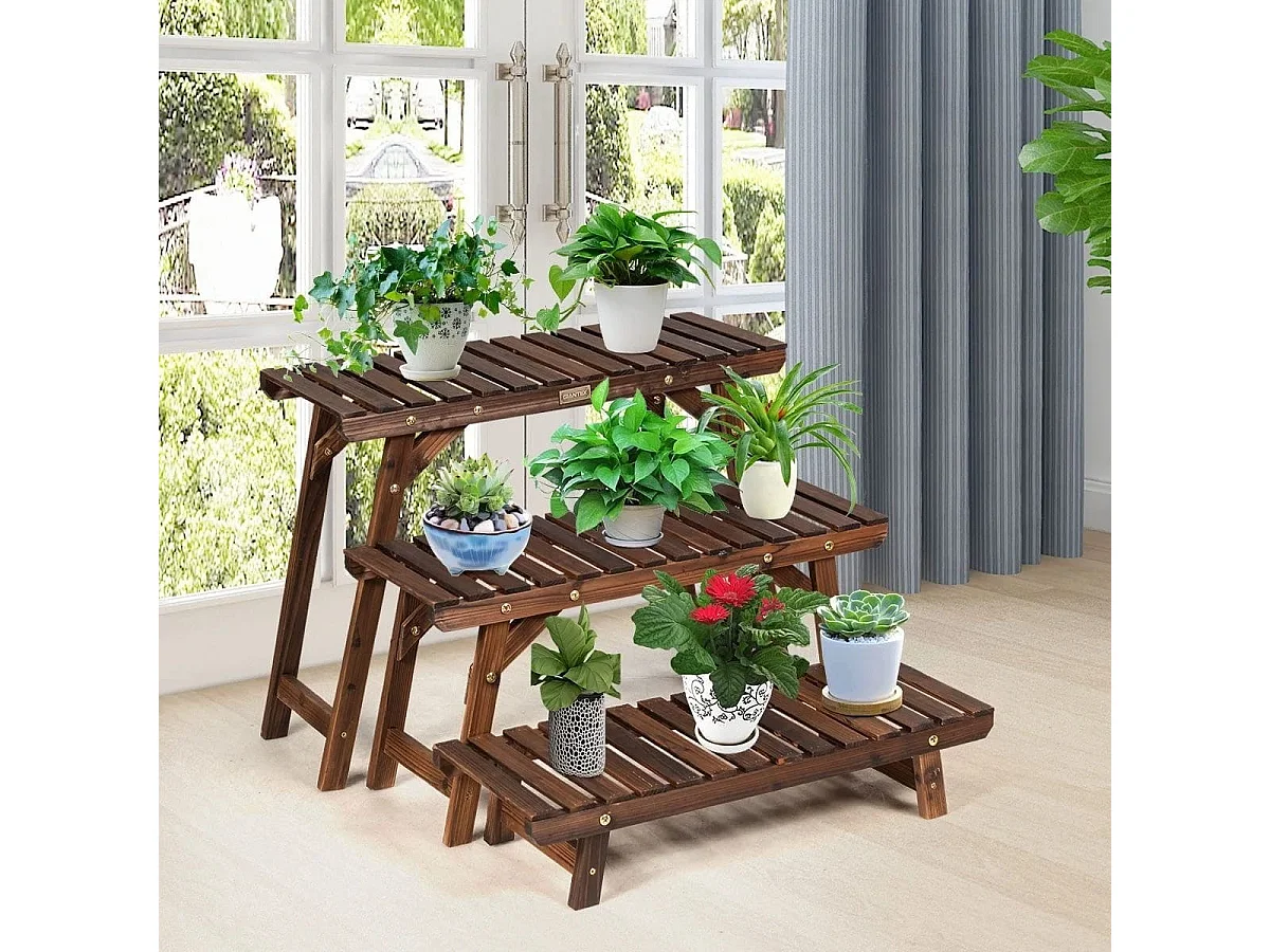 Scaffale angolare di legno per piante con 3 livelli, Scaffale a scala carbonizzato per giardino cortile balcone