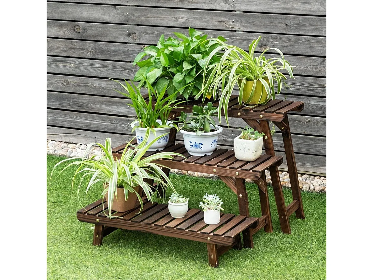 Scaffale angolare di legno per piante con 3 livelli, Scaffale a scala carbonizzato per giardino cortile balcone