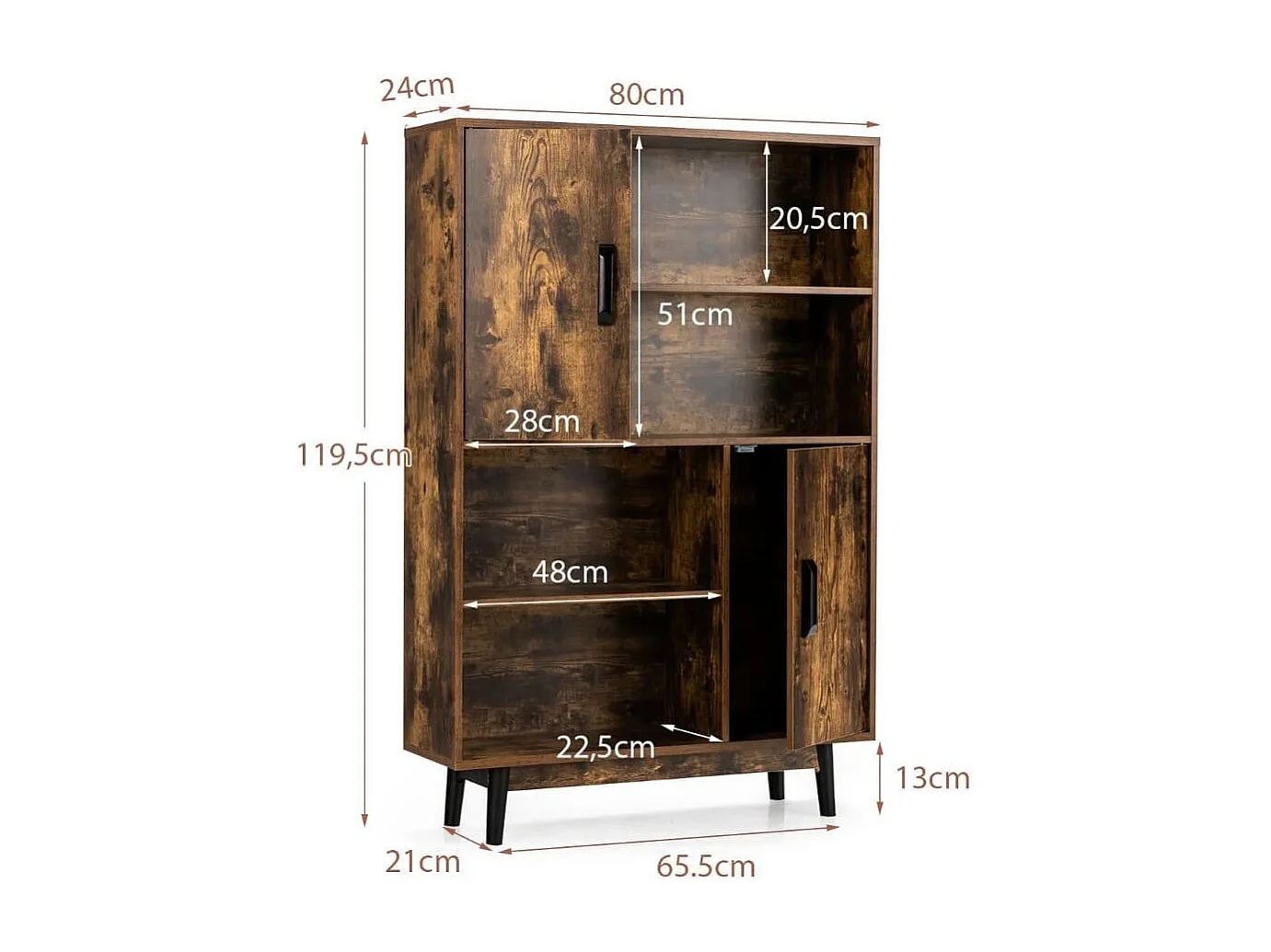 Bücherregal Holz Aufbewahrungsschrank mit Türen und offene Regale 80 x 24 x 120 cm Kaffee