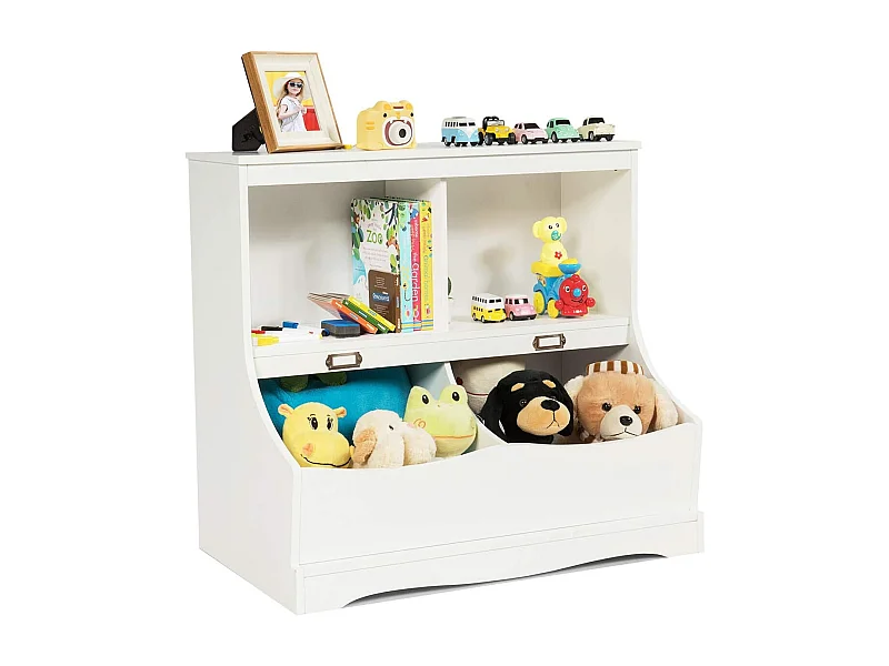 Organizer giocattoli con 2 scompartimenti aperti e 2 contenitori, Libreria multiuso con pedana per bambini, Bianco