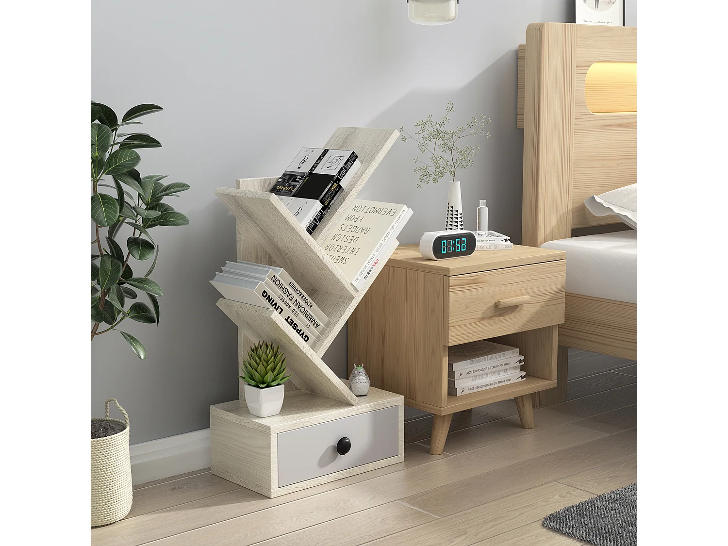 5-stöckiges Bücherregal mit Schublade, Standregal in Baumform, freistehendes Aktenregal Aufbewahrungregal Holz für Schlafzimmer Wohnzimmer, 30 x 17,5 x 60 cm