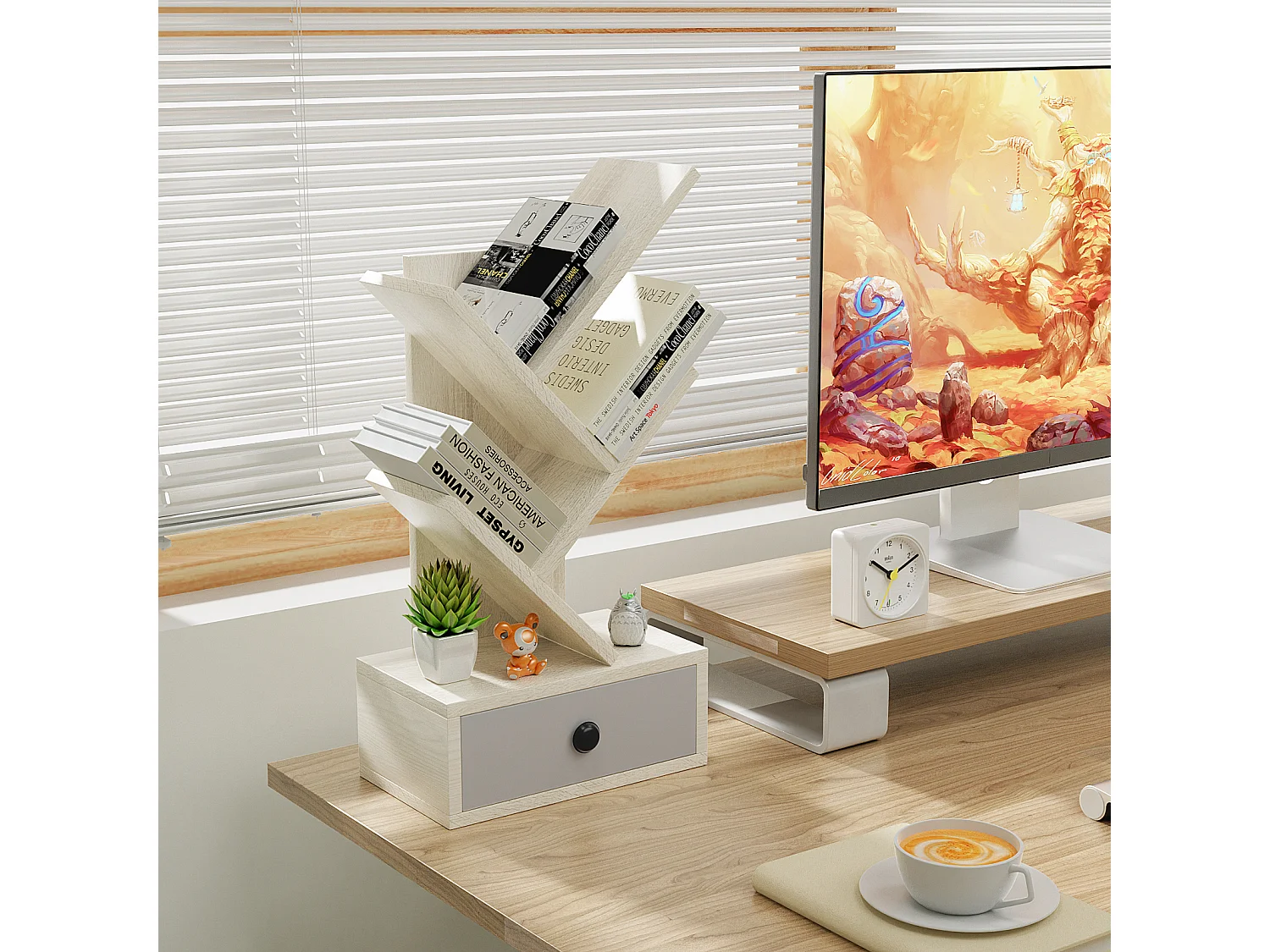 5-stöckiges Bücherregal mit Schublade, Standregal in Baumform, freistehendes Aktenregal Aufbewahrungregal Holz für Schlafzimmer Wohnzimmer, 30 x 17,5 x 60 cm