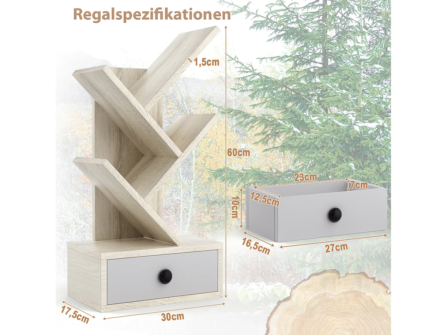 5-stöckiges Bücherregal mit Schublade, Standregal in Baumform, freistehendes Aktenregal Aufbewahrungregal Holz für Schlafzimmer Wohnzimmer, 30 x 17,5 x 60 cm