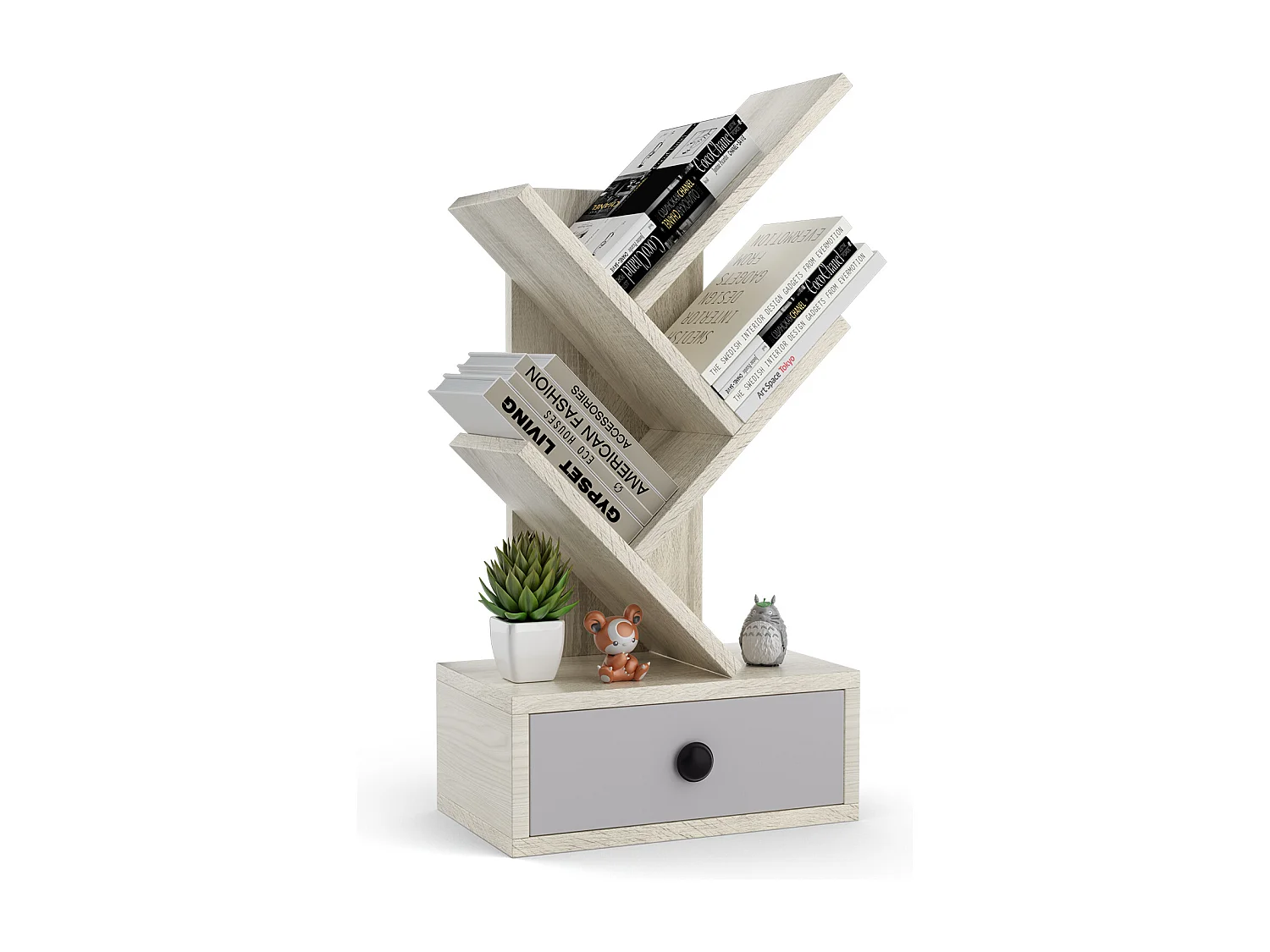5-stöckiges Bücherregal mit Schublade, Standregal in Baumform, freistehendes Aktenregal Aufbewahrungregal Holz für Schlafzimmer Wohnzimmer, 30 x 17,5 x 60 cm