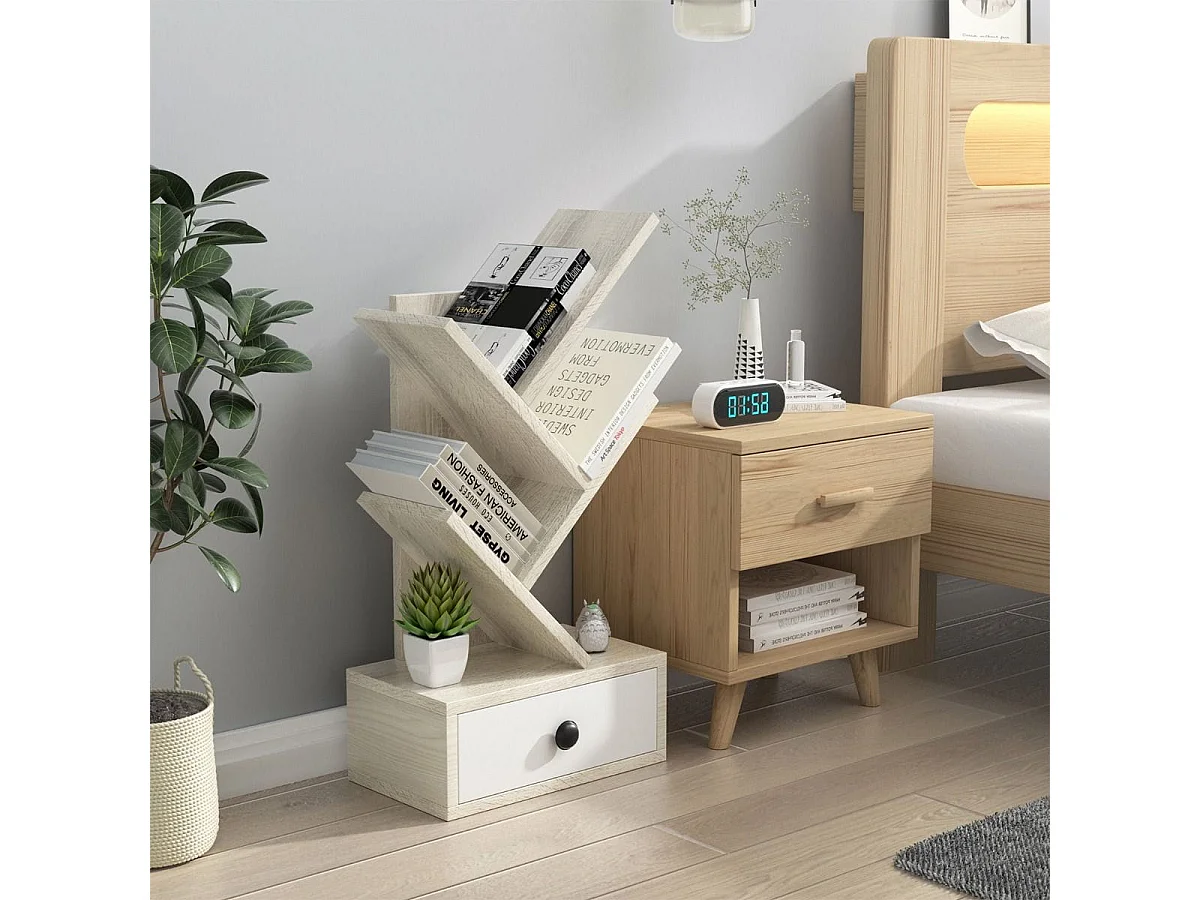 Libreria ad albero a 5 ripiani per scrivania, Libreria piccola con cassetto per CD riviste da esposizione Beige